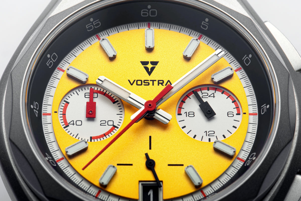 A close view of the yellow dial and contrasting chronograph registers.